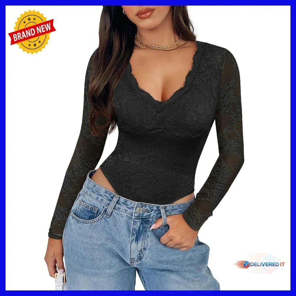 V Neck Lace Bodysuit Long Sleeve Double Lined Y2K Going Out Top
